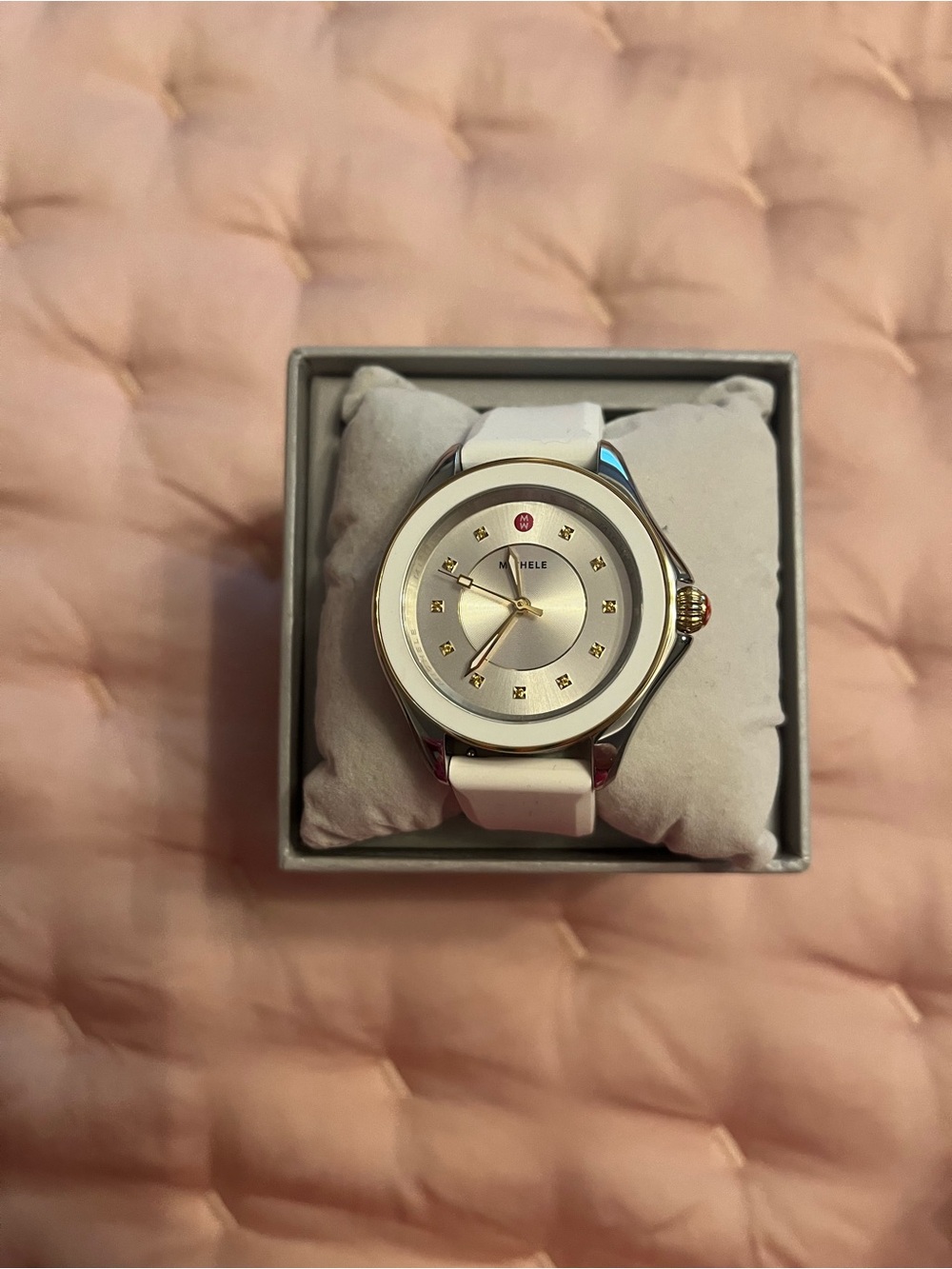 Michele White and Gold Accent Diamond Marker Watch
